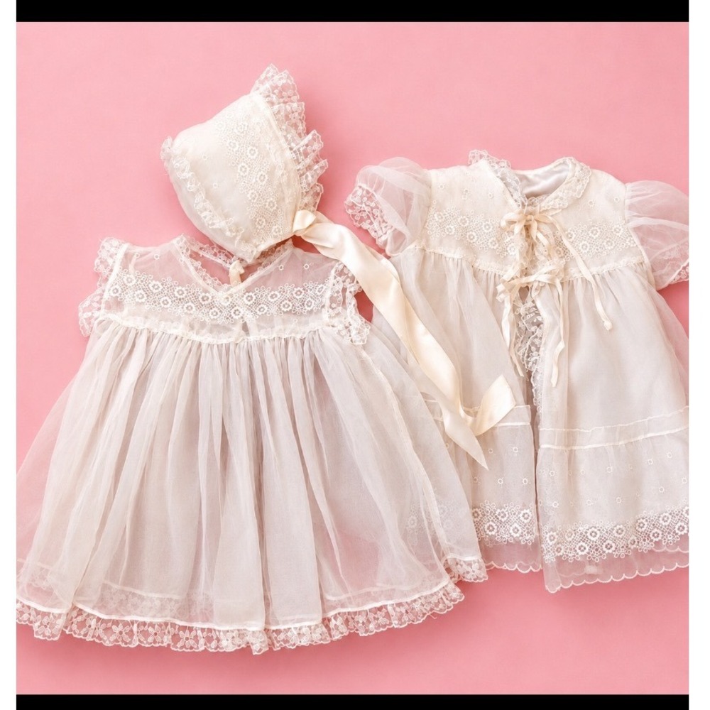 1950's VTG Ivory Lace Christening Gown Set with Bonnet Sheer Organza Baptism